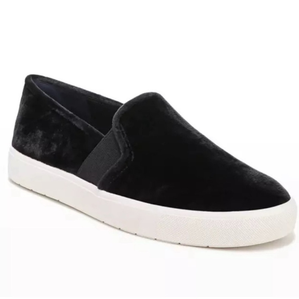 Vince black velvet slip ons